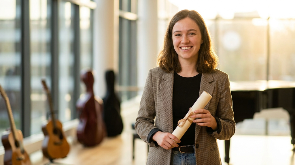 Giovane studente sorridente con un diploma in una moderna accademia musicale