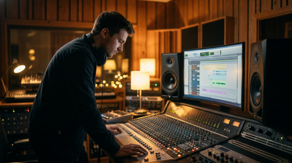 Studente music producer al mixer in uno studio di registrazione della CAMP Academy a Napoli