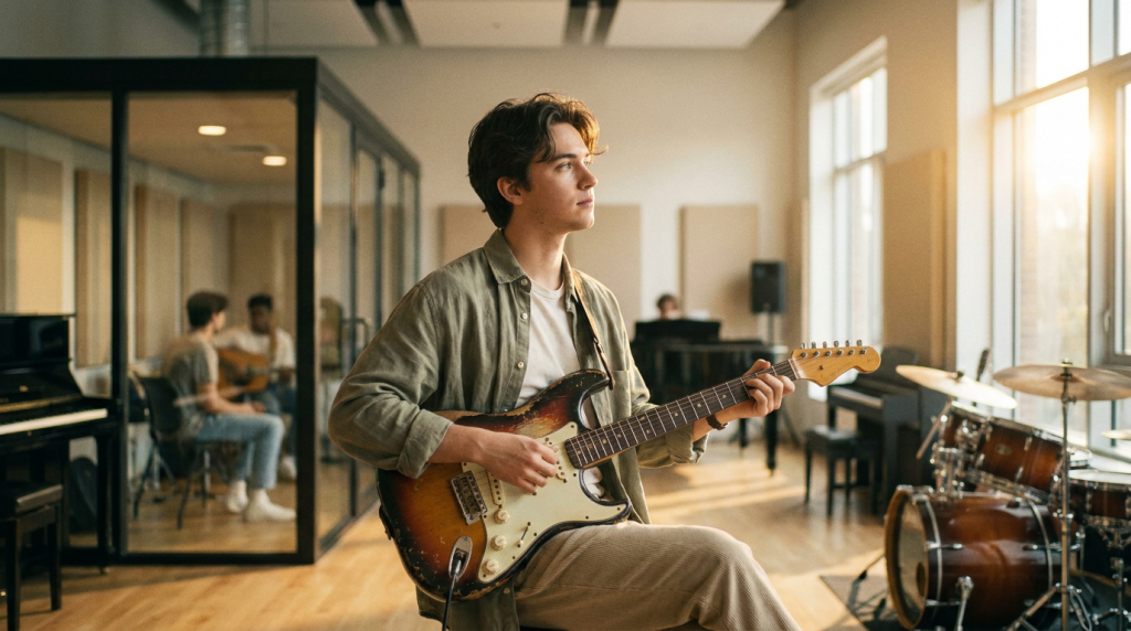 Giovane musicista con chitarra in una moderna accademia musicale, sceglie il proprio percorso di studi