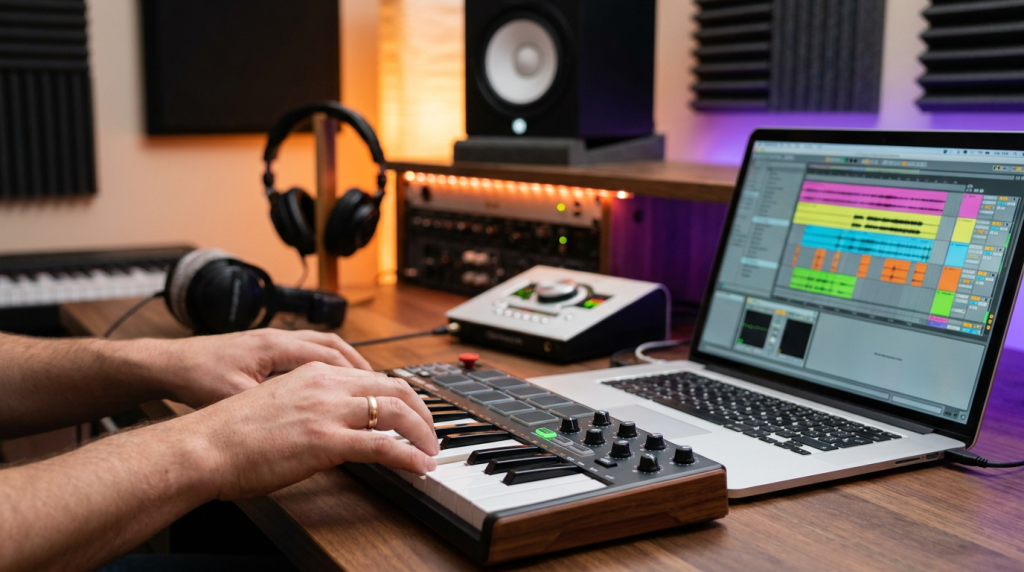 Mani di un music producer su un controller MIDI accanto a un laptop con una DAW in uno studio