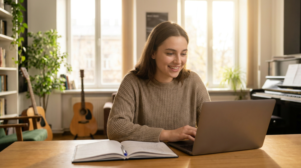 Giovane studente sorridente con un laptop in una moderna accademia musicale
