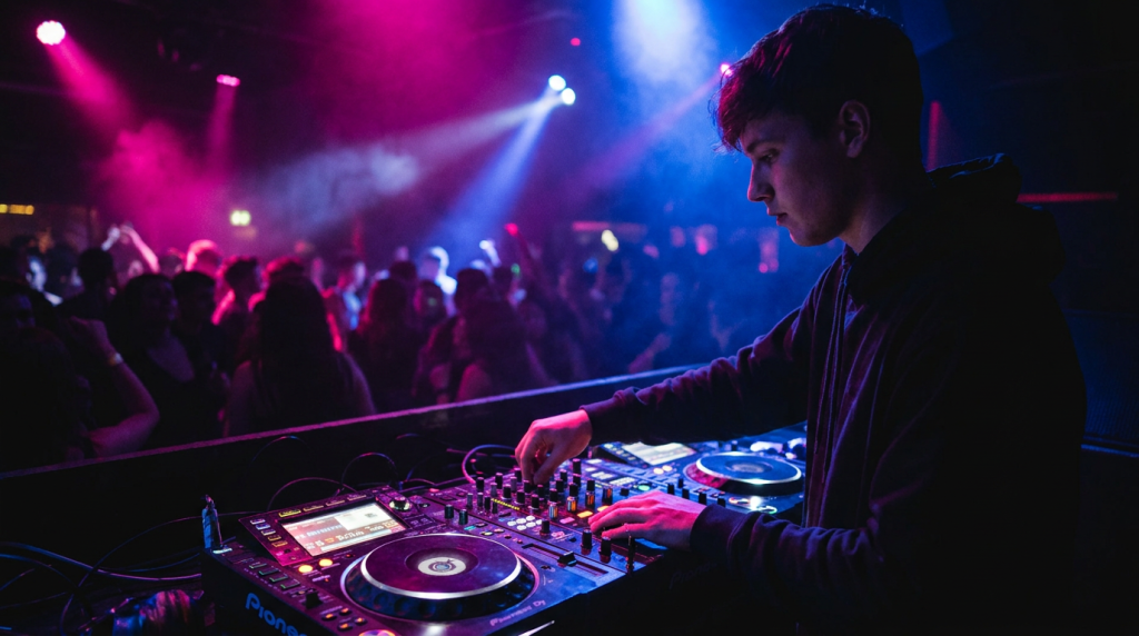Giovane DJ con le mani sul mixer e i lettori CDJ in un locale