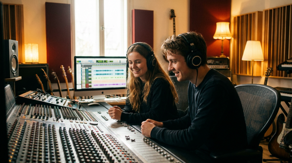 Due studenti collaborano a una console di mixaggio in uno studio di registrazione
