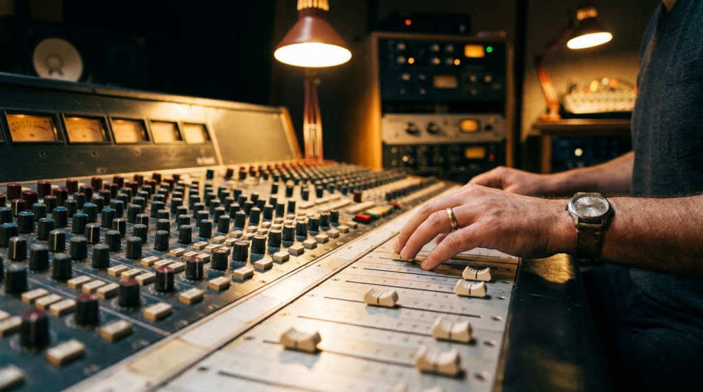 Mani di un fonico sui fader di un grande banco di mixaggio analogico in studio