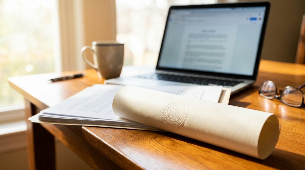 Diploma accademico e documenti accanto a un laptop su una scrivania