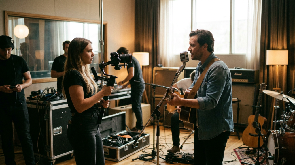 Un videomaker filma un musicista con una camera professionale in studio