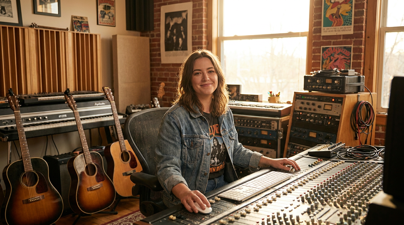 Giovane professionista della musica in uno studio creativo circondato da strumenti e attrezzatura audio