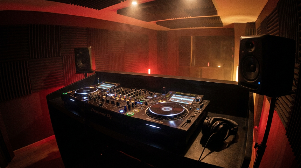 Sala prova DJ CAMP Academy Napoli, box con CDJ e mixer Pioneer